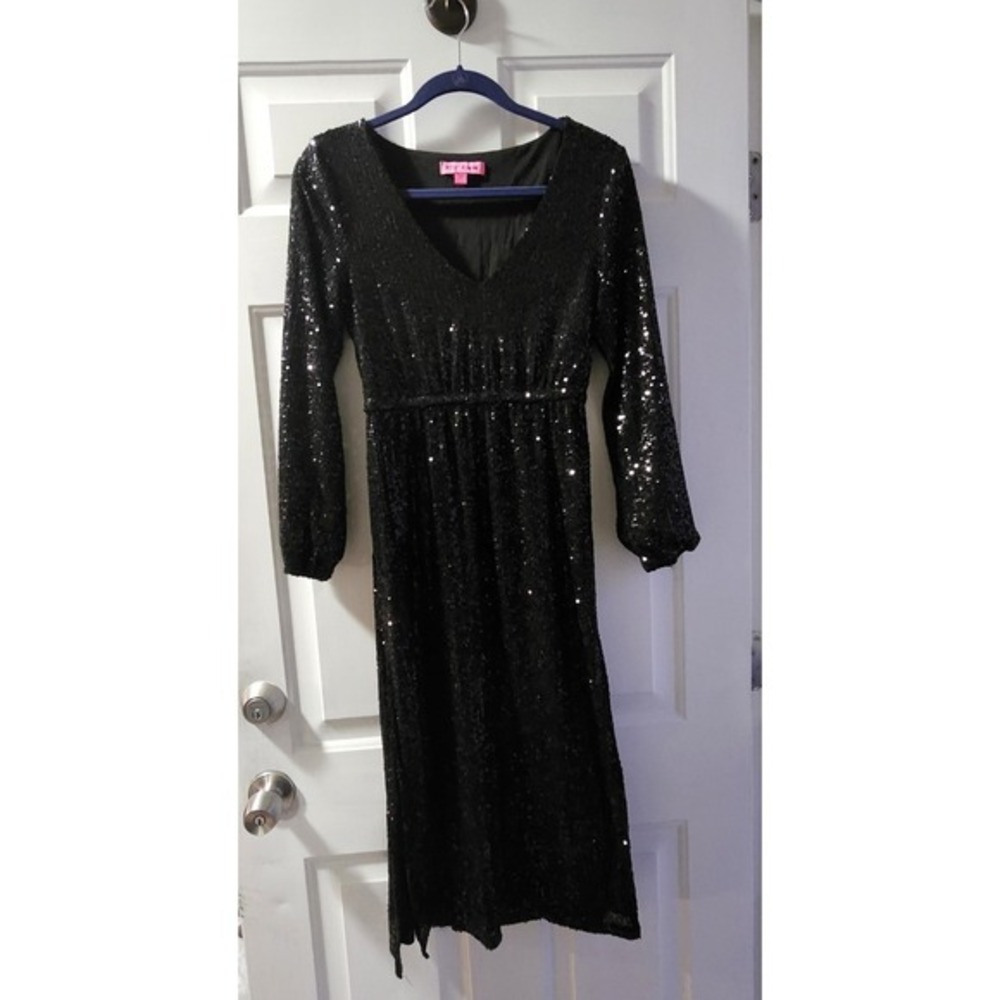 Betsey Johnson Black Sequin‎ V Neck Long Sleeve Midi Dress XS